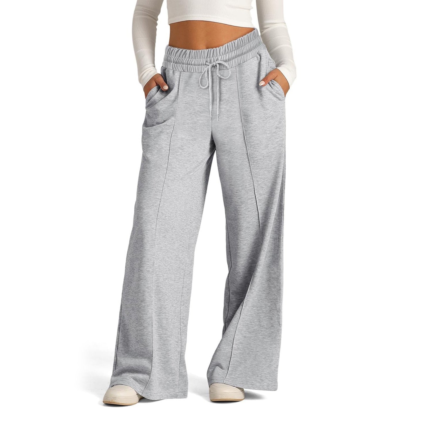 Women's Lace-up Solid Color Waist Tight Fashion Wide-leg Casual Pants Light Gray - D&A