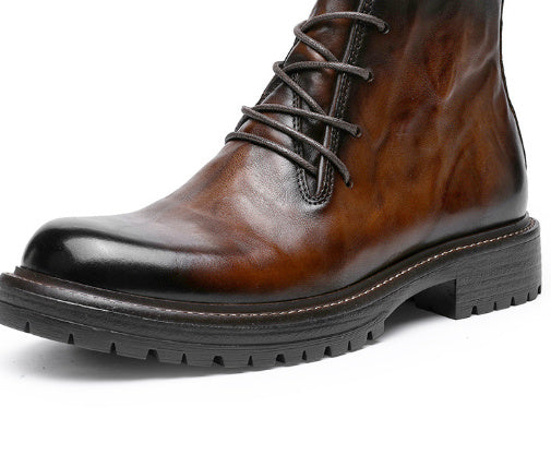 First Layer Cowhide Men's High-top Martin Boots British Formal Wear Brown - D&A