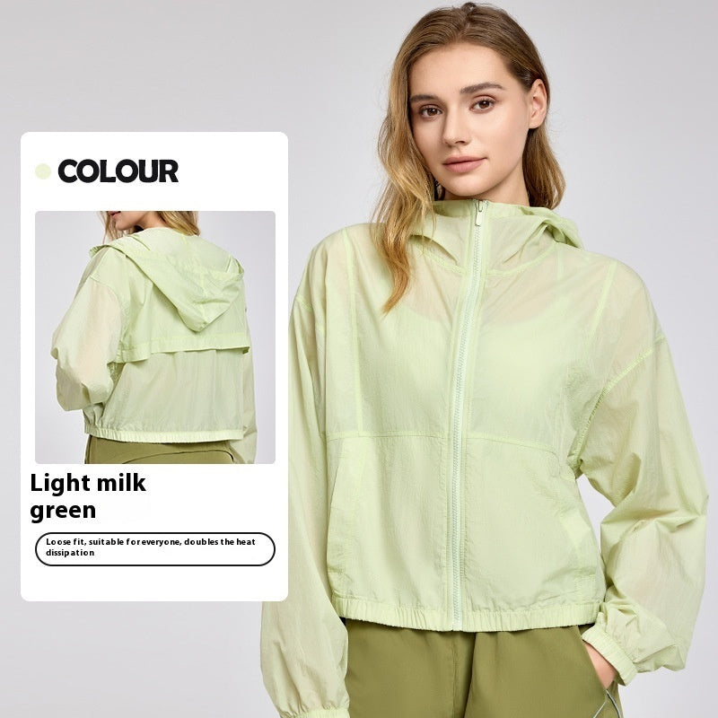 Summer Lightweight Sports Yoga Jacket Loose Hooded Casual Lightweight Light Creamy Green - D&A
