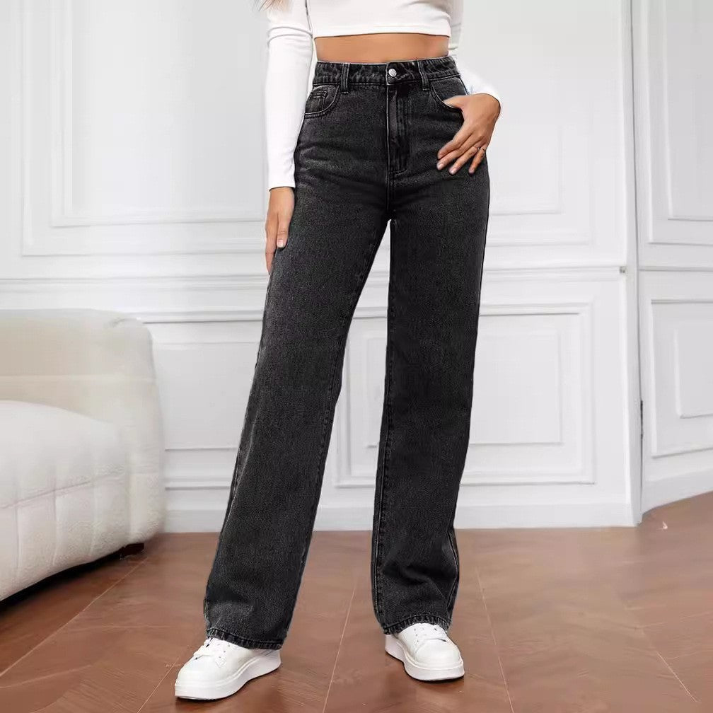Washed Fashion Straight Jeans Women's Mid Waist 6Color Black And Gray - D&A