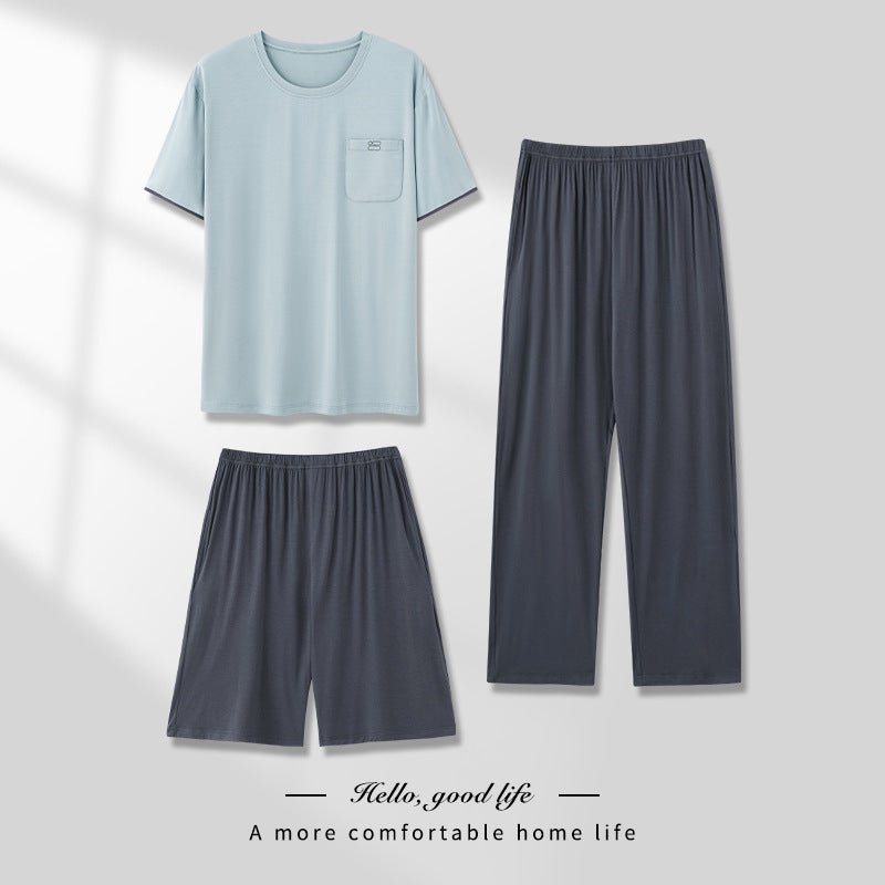 Men's Pajamas Thin Spring And Summer Modal Short-sleeved Trousers Three-piece Home Wear Suit QK1686 - D&A