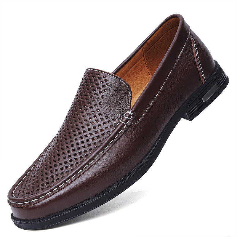 Breathable One Foot Leather Shoes With Leather Covers Brown hollow out - D&A