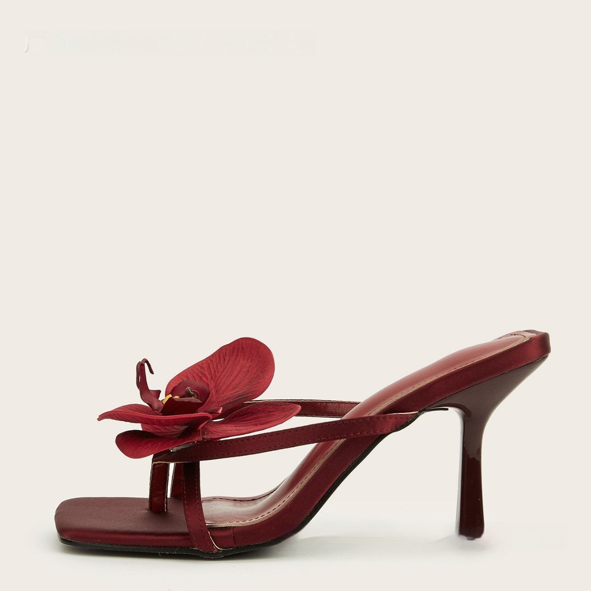 Wine Red Meiko Flower Decorative Flip-toe Square Toe High Heel Sandals - D&A