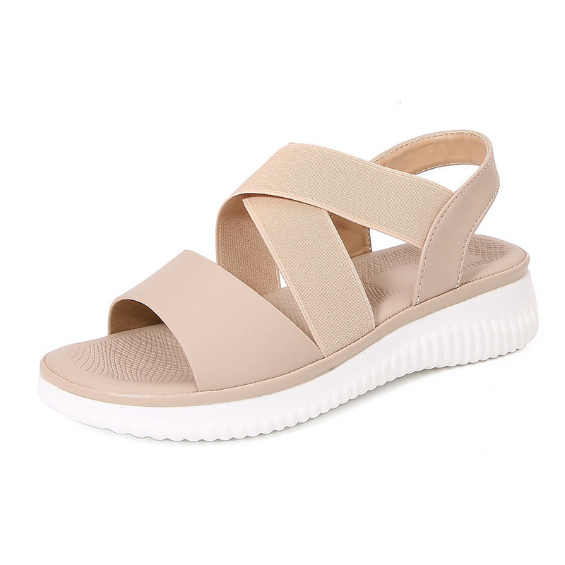 Bohemian Style Striped Stretch Rubber Band Flat Sandals Apricot - D&A