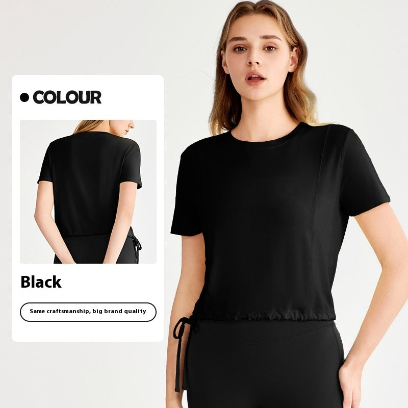 Loose Sports Top Drawstring At Hem Commuter T-shirt Black - D&A