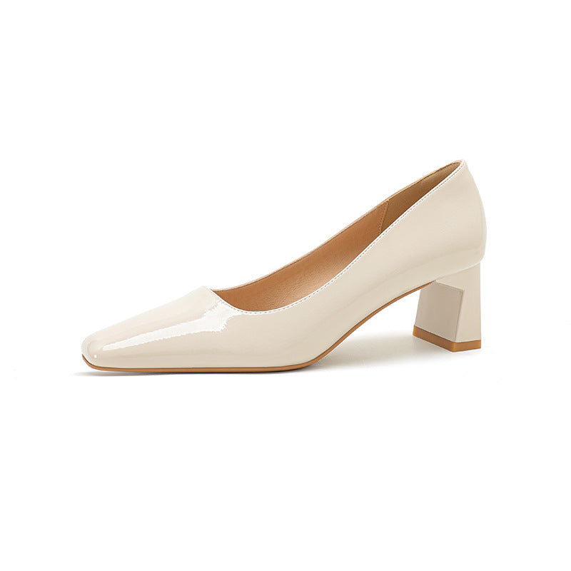 Classic Style High Heel Patent Leather Square Toe Light Luxury French Shoes Beige - D&A