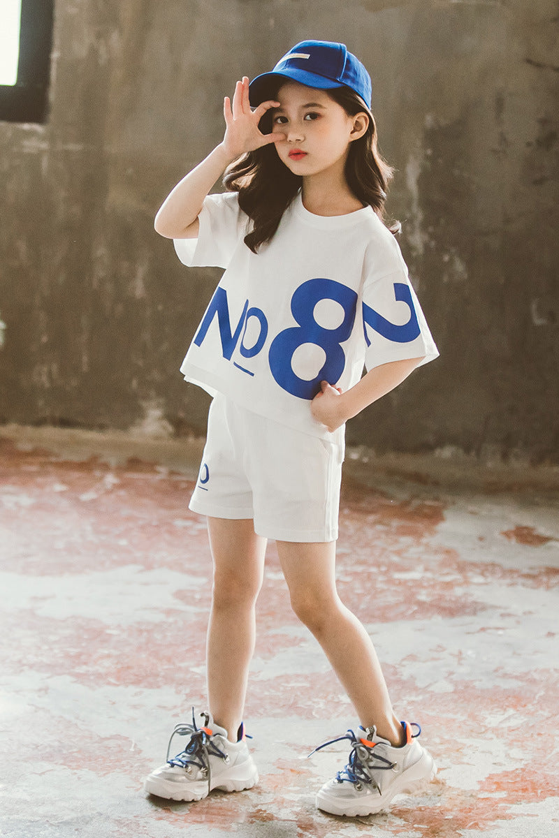 Loose Children's Wear Girl Short-sleeved Big Kids Sports Two-piece Suit White - D&A