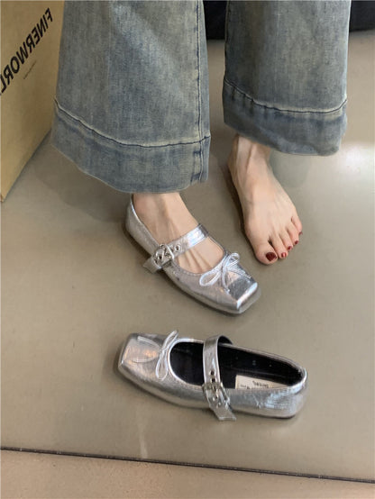 Flat Bow Ballet Silver Belt Buckle Shoes Silver - D&A
