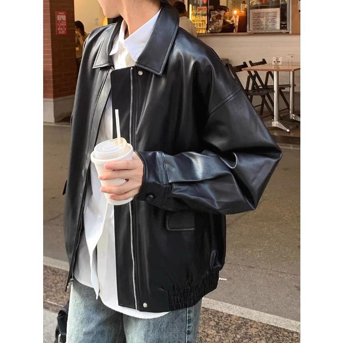 Korean Style Loose Leather Jacket Handsome Motorcycle Black - D&A