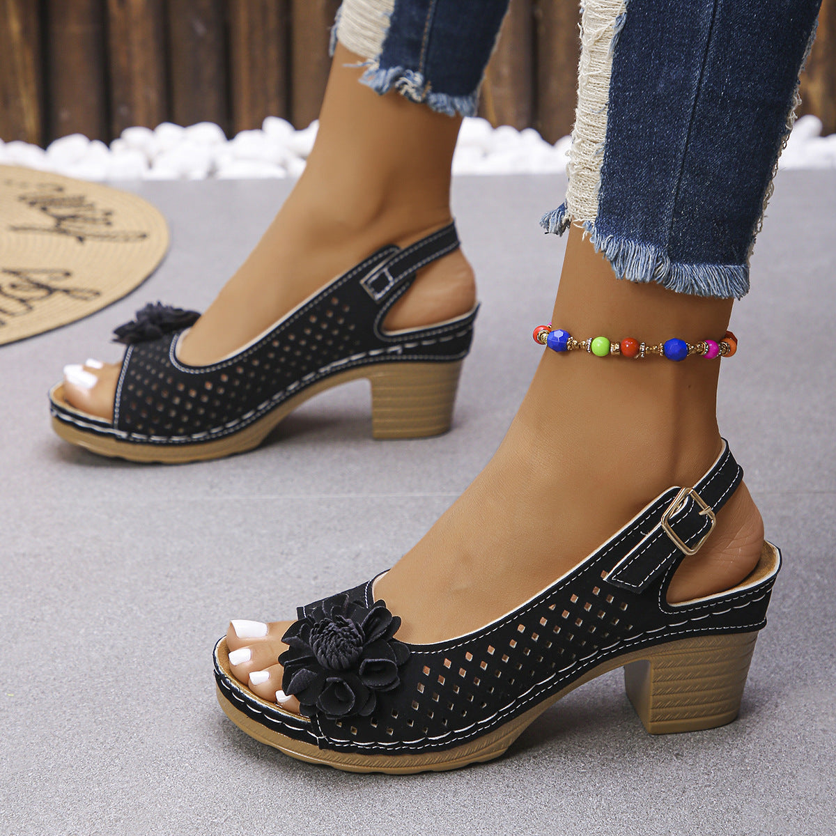 Plus Size Flower Casual Buckle Solid Color High Heel Sandals - D&A