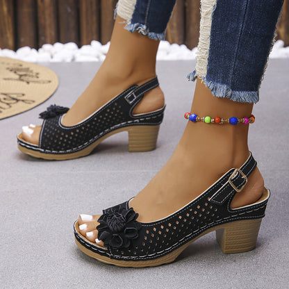 Plus Size Flower Casual Buckle Solid Color High Heel Sandals - D&A