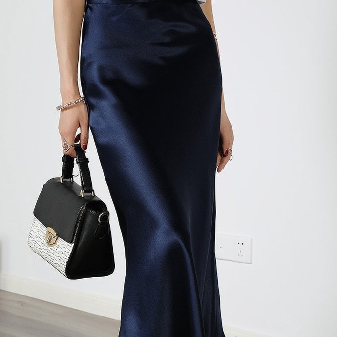 Acetate Silky Satin Women's A- Line Skirt Slimming Dark Blue - D&A