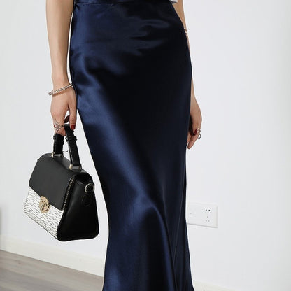 Acetate Silky Satin Women's A- Line Skirt Slimming Dark Blue - D&A