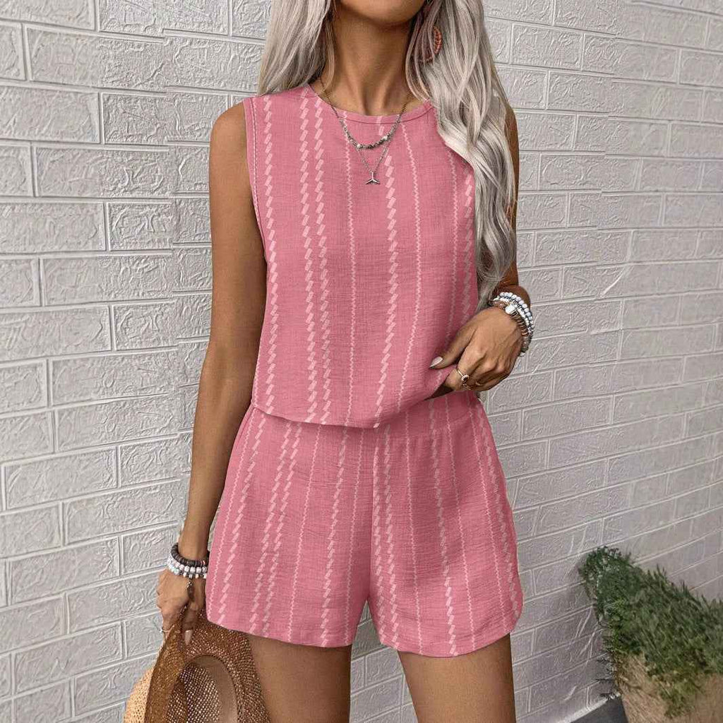 Casual Craft Stripe Printing Sleeveless Tank Top Shorts Suit