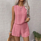 Casual Craft Stripe Printing Sleeveless Tank Top Shorts Suit