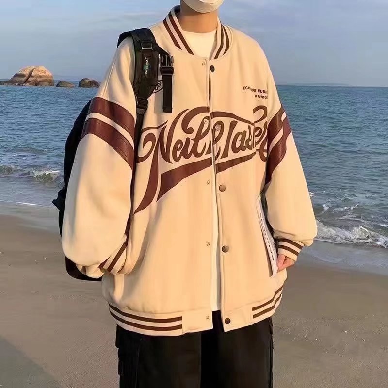Baseball Uniform Jacket Loose Letters Men And Women Couple Jackets Khaki - D&A