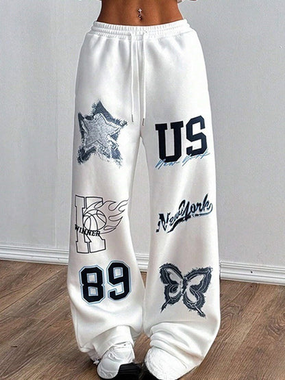 Women's Printed Drawstring Straight Sports Casual Pants - D&A