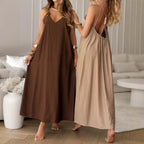 Solid Color And V-neck Sling CasualDress - D&A