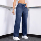 Oversized Jeans Drawstring Elastic Waistband Plain Washed Blue Casual - D&A