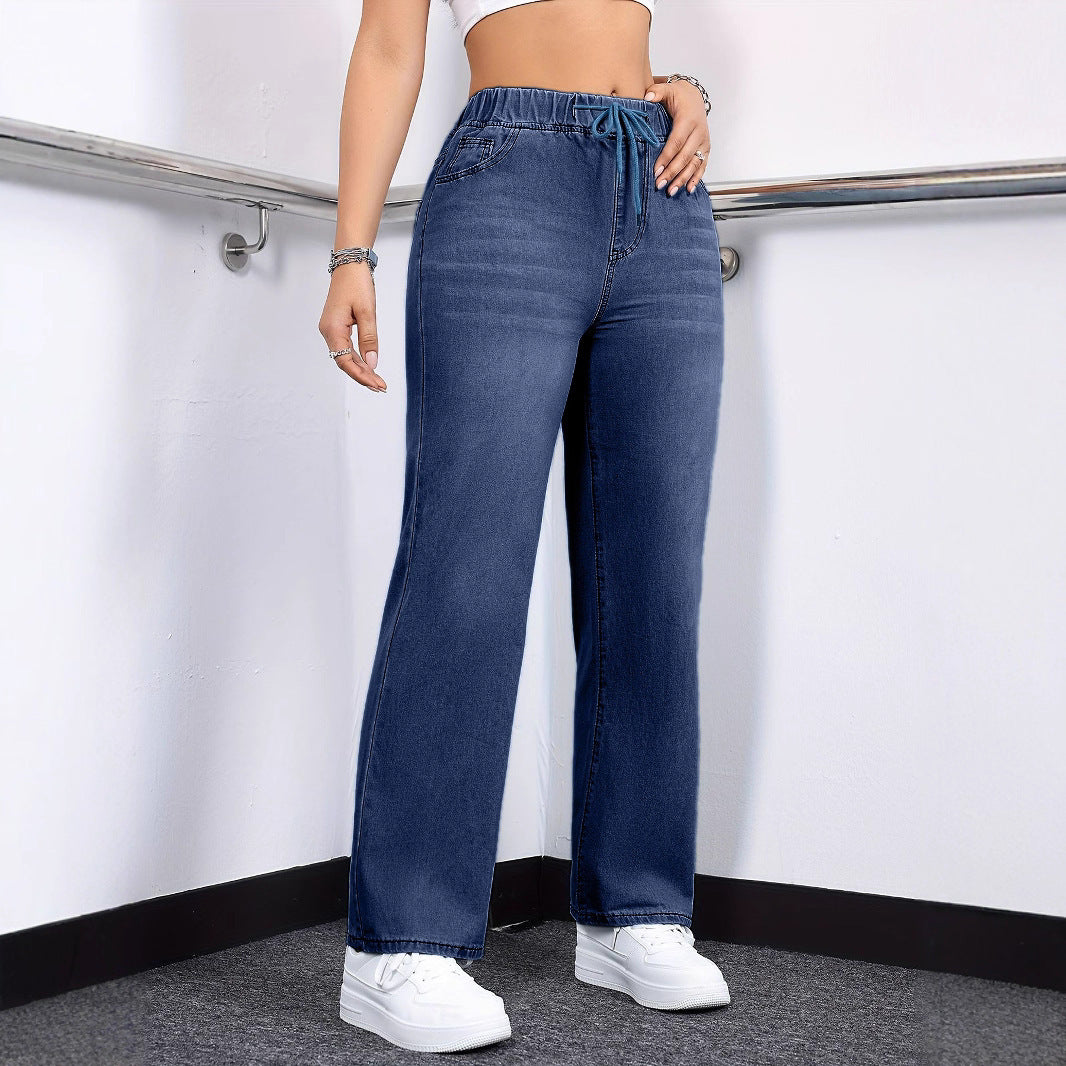 Oversized Jeans Drawstring Elastic Waistband Plain Washed Blue Casual - D&A