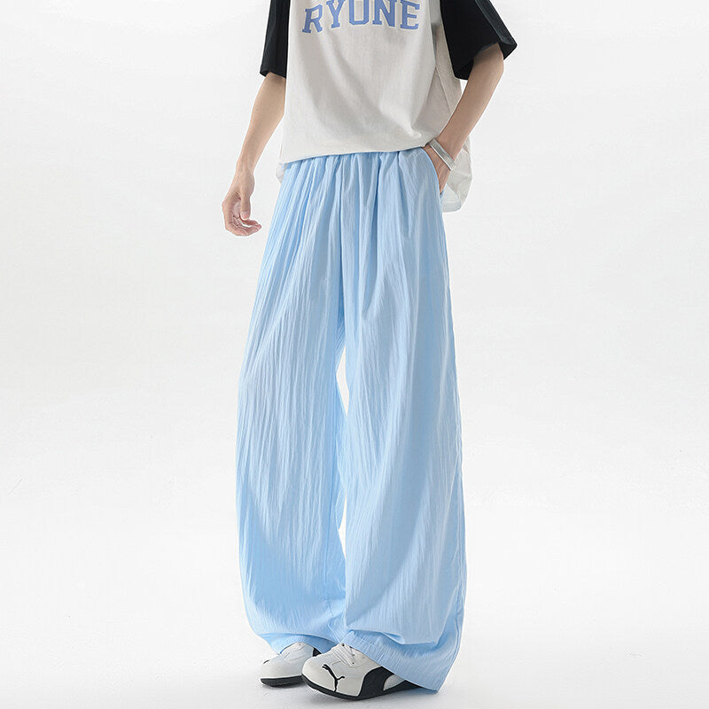 Basamine Ice Silk Drooping Curtain Lazy Men's Summer Mopping Wide-leg Casual Pants Light Blue - D&A