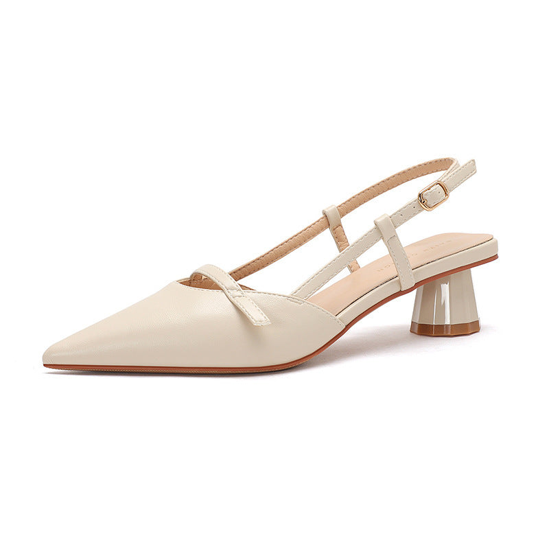 Women's Chunky Heel Low Heel Pointed Leather Stitching Fashion Sandals - D&A