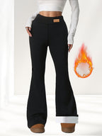 Winter High Waist Stretch Fleece Bell-bottom Pants Slimming Hip Raise Black - D&A