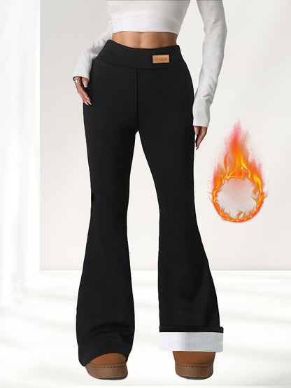 Winter High Waist Stretch Fleece Bell-bottom Pants Slimming Hip Raise Black - D&A