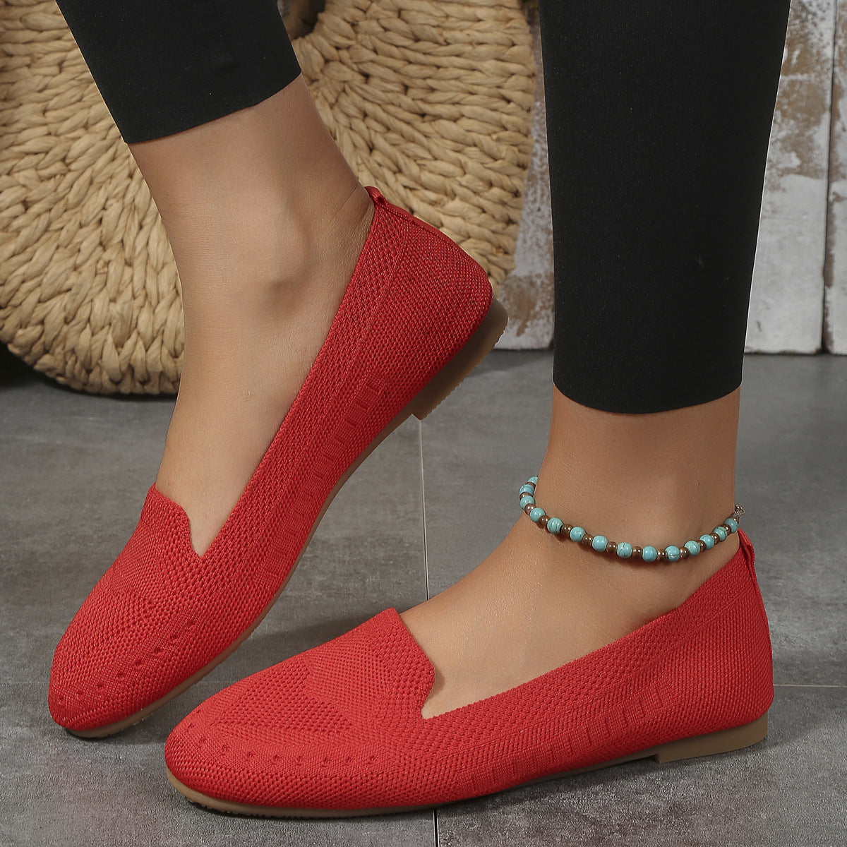 Fly Woven Mesh Low-cut Slip-on Lazy Flat Women's Casual Shoes Red - D&A