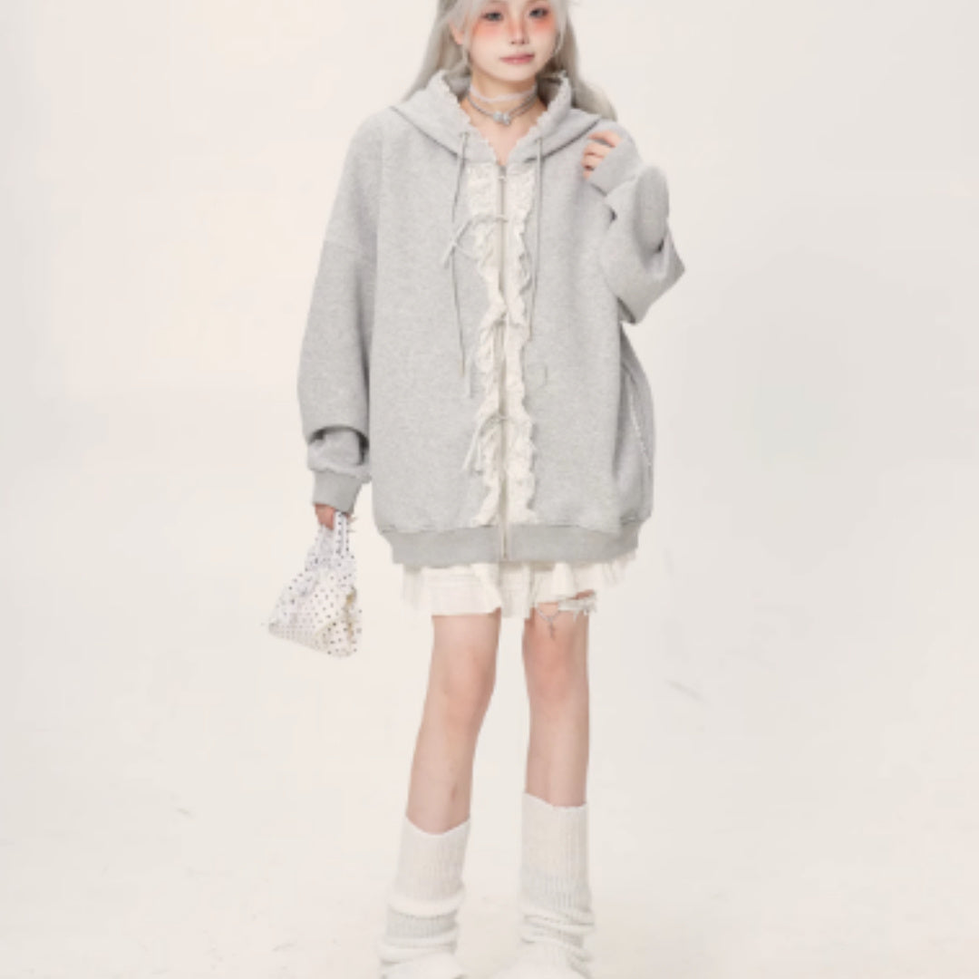 Lace Lace Zipper Gray Hoodie Jacket For Women Grey - D&A