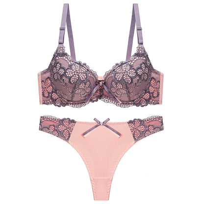 Underwear Push Up Lace Bra Adjustable Bra Set Purple - D&A