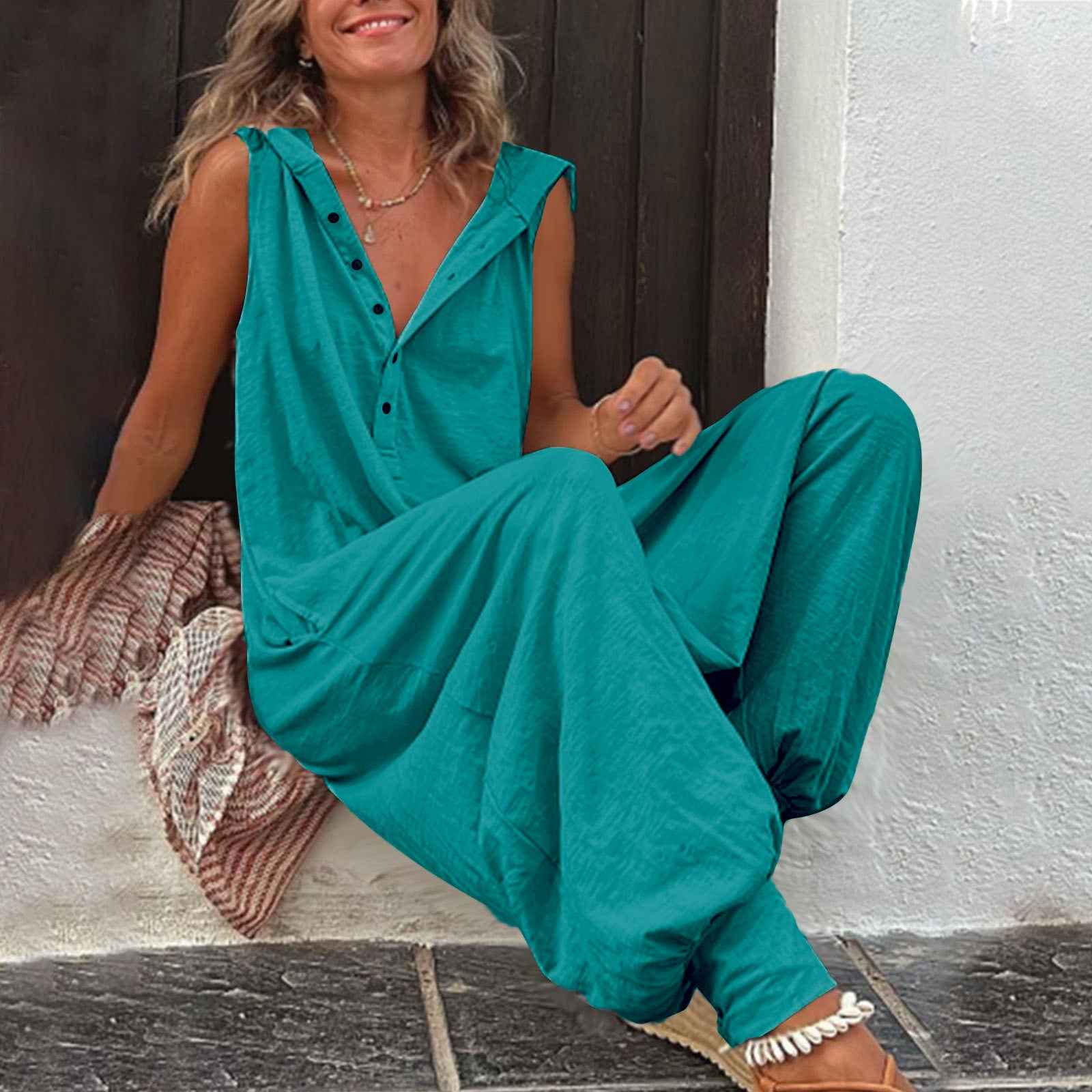 Hot Selling Button Up Hooded Sleeveless Pants In Stock, Jumpsuit With Pockets
