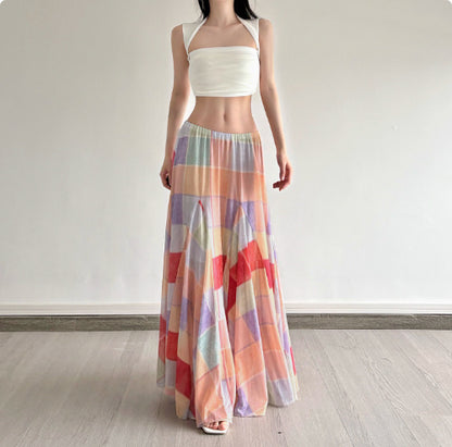 Colorful Flower Niche Artistic Colorblock Plaid Skirt - D&A