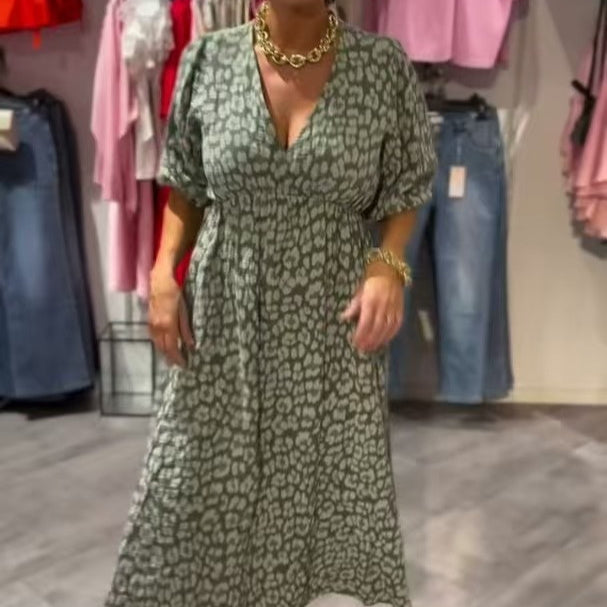 Printed V-neck Plus Size Dress Women Green - D&A