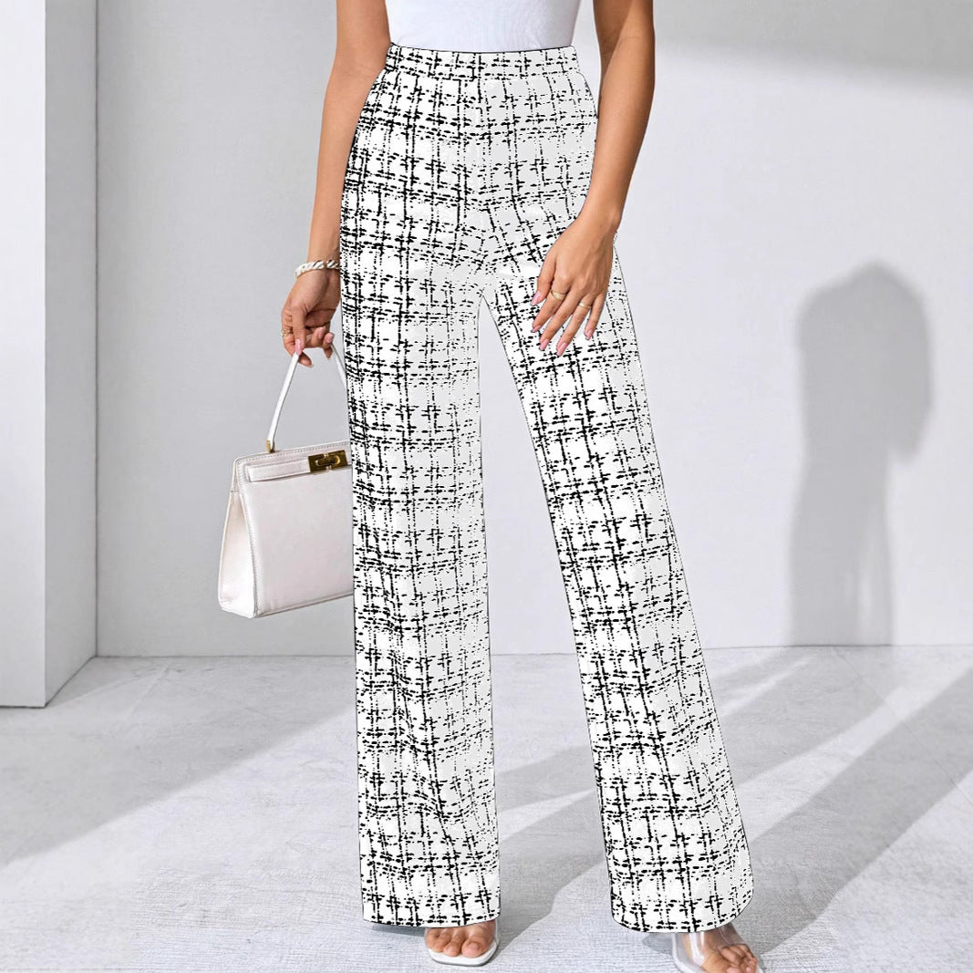 Women's Fashion Casual Plaid Printed Trousers White - D&A