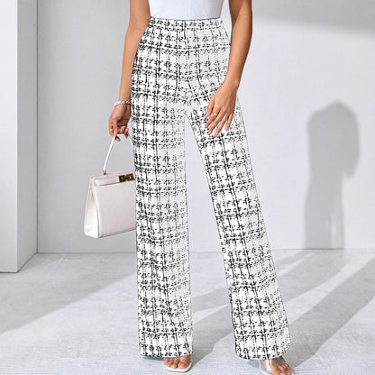 Women's Fashion Casual Plaid Printed Trousers White - D&A