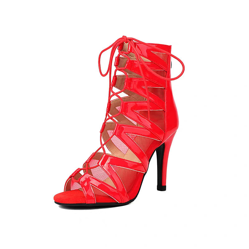 Jazz High Heels Belt Buckle Hollow Mesh Peep Toe Booties Red Patent Leather 11cm - D&A