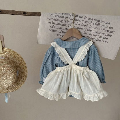 Infant Single-breasted Long Sleeve Small Plaid Romper Sling Small Overskirt - D&A