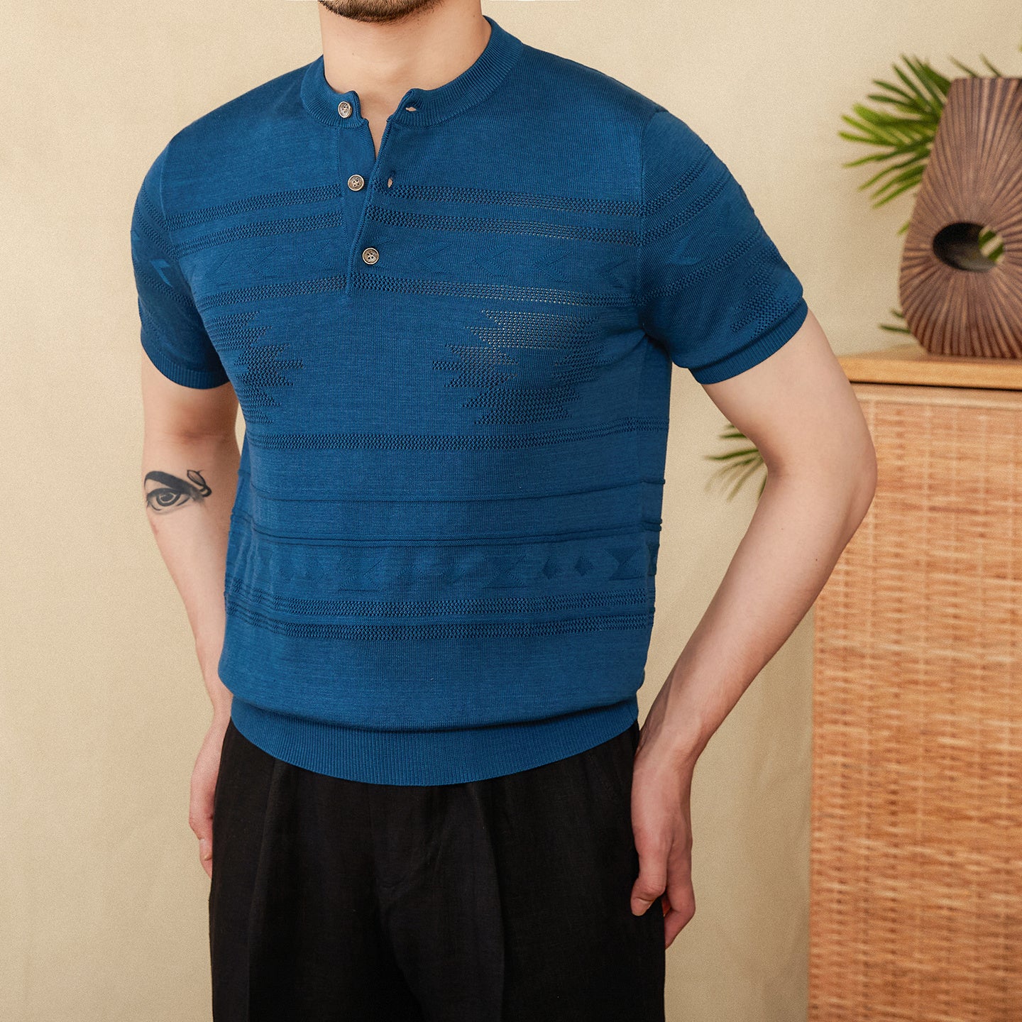 Jacquard Tencel Cotton Blended Knitted Henley Shirt Short-sleeved T-shirt Denim Blue - D&A