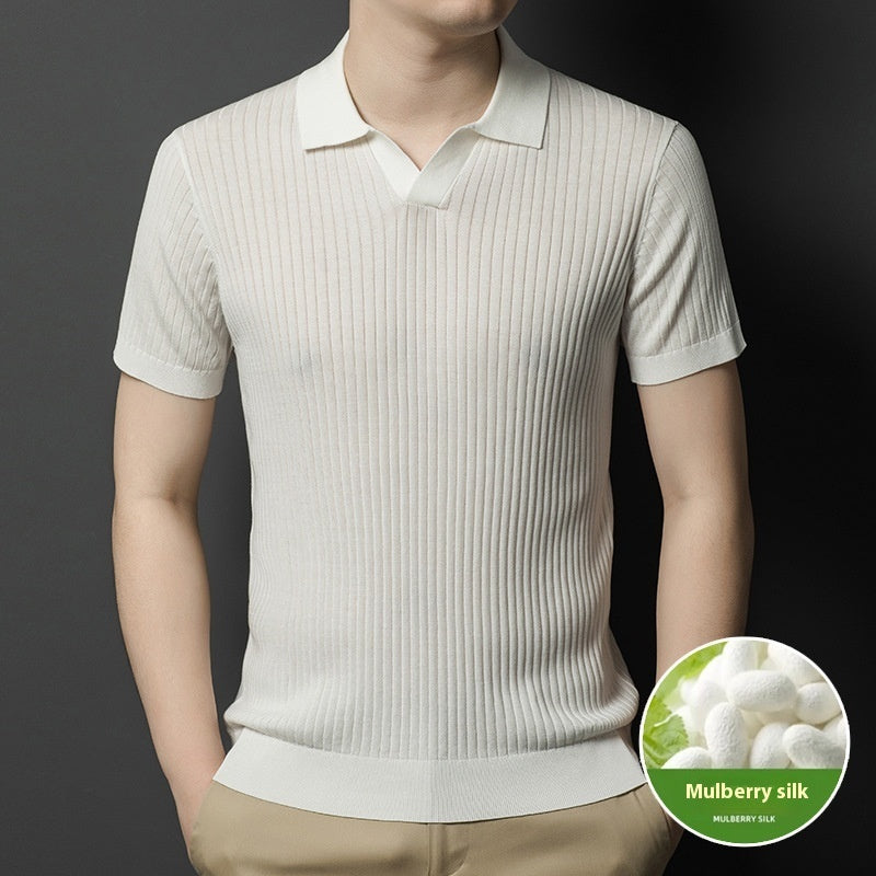 Mulberry Silk T-shirt Men's Short-sleeved Lapel High-end Casual Business White - D&A