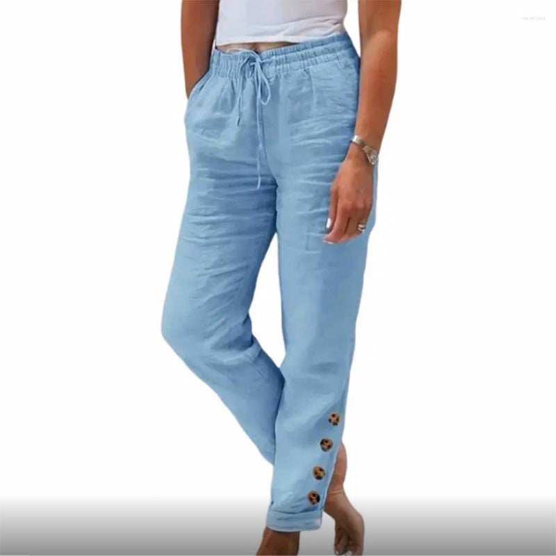Autumn Solid Color Cotton Linen Straight Casual Button Trousers For Women Light Blue - D&A