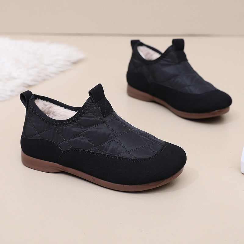 Winter Cloth Shoes For Women Plus Velvet Soft Bottom One Pedal Cotton Shoes Warm Flat Bottom Gommino Black - D&A