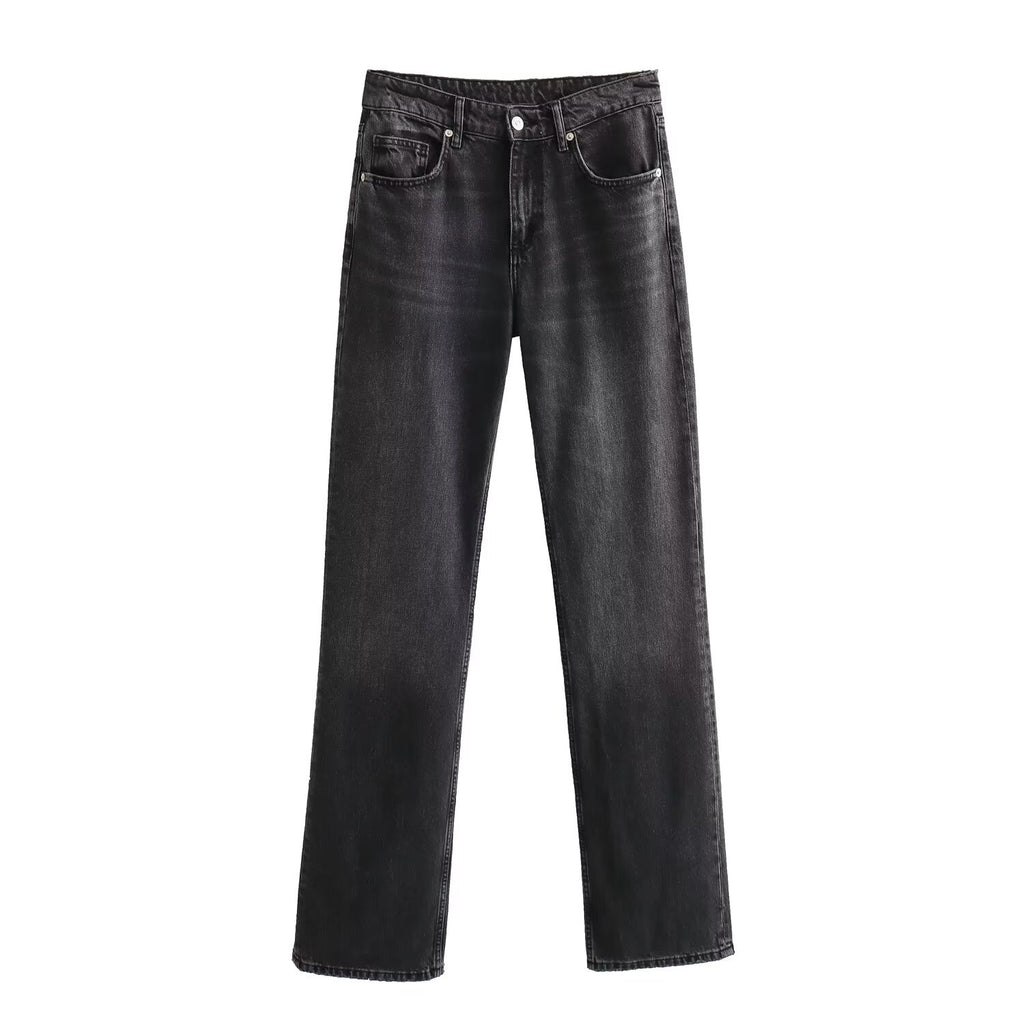 Autumn And Winter Jeans High Waist Straight Pants Women's Wide-leg Pants Black - D&A