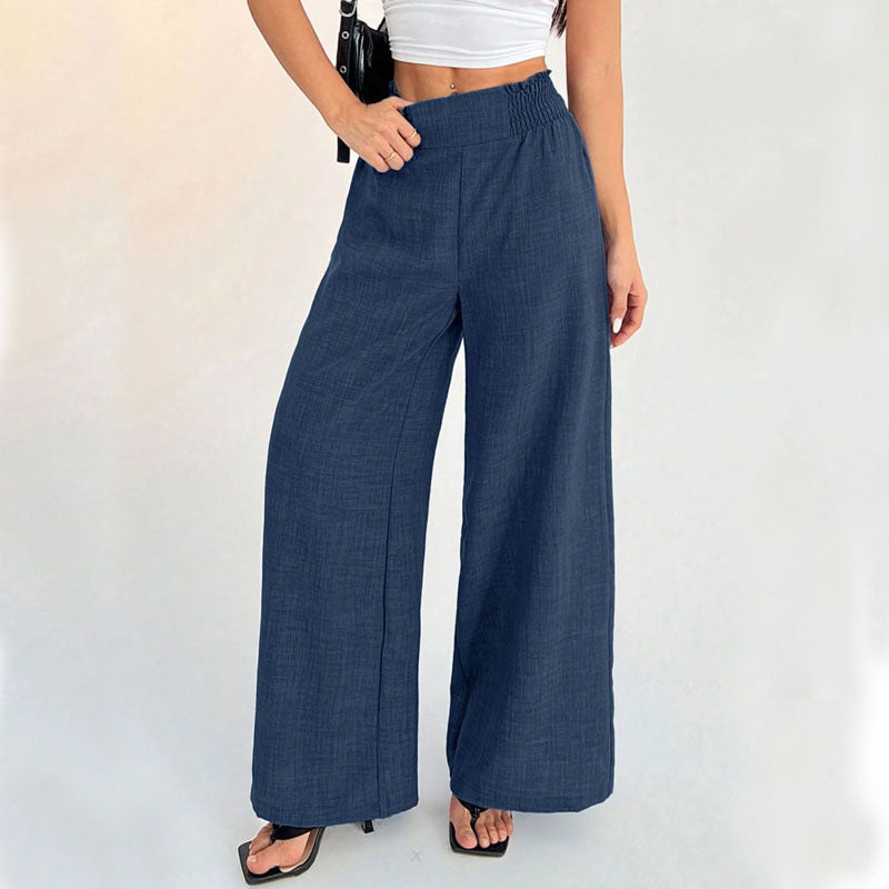 Solid Color Smocking Elastic Wide-leg Pants Navy Blue - D&A