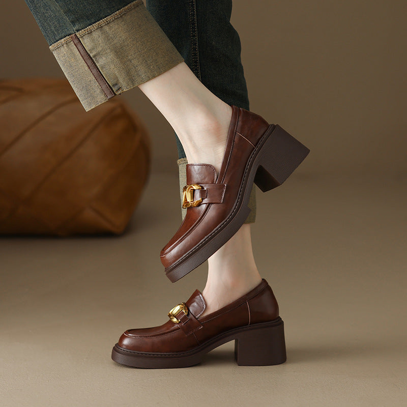 Sheepskin Preppy Style Metal Buckle High Heel Loafers Women - D&A