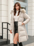 Anewsta Women's Solid Color Long Sleeve Zip Up Hooded Padded Coat With Faux Fur Trim - D&A