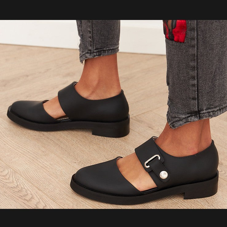 Spring Leisure Low Heel Square Heel Round Head Buckle Oversized Shoes - D&A