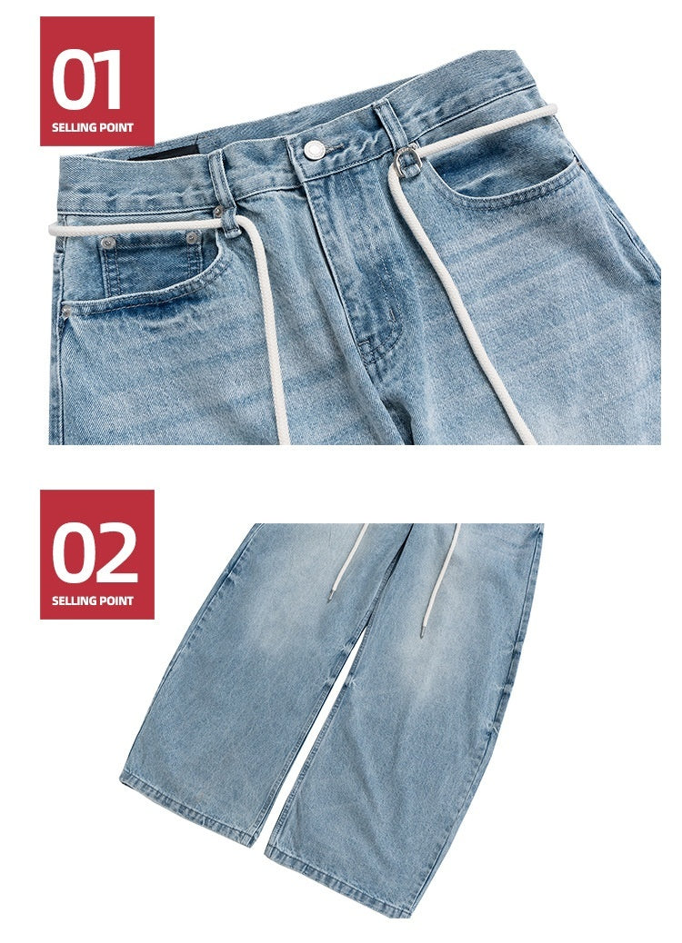 Retro Trousers Same Washed Vintage Washed Jeans With Drawstring Belt - D&A