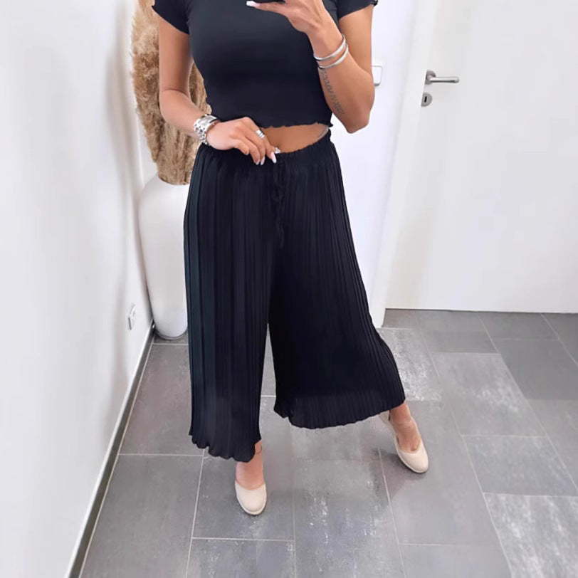 High Waist Casual Draping Pleated Straight-leg Pants - D&A