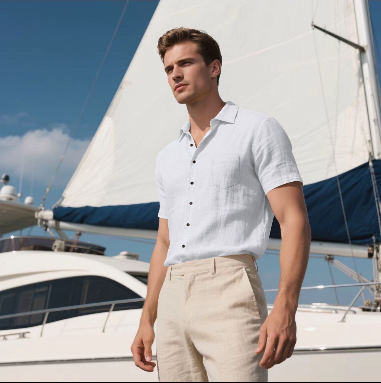 Men's Linen Short-sleeved Shirt White - D&A